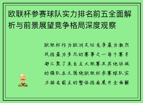 欧联杯参赛球队实力排名前五全面解析与前景展望竞争格局深度观察